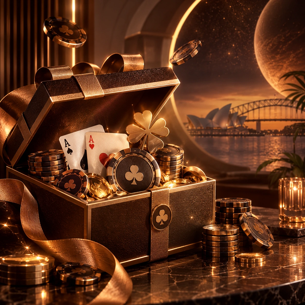 Premium casino reward chest with chips and playing cards